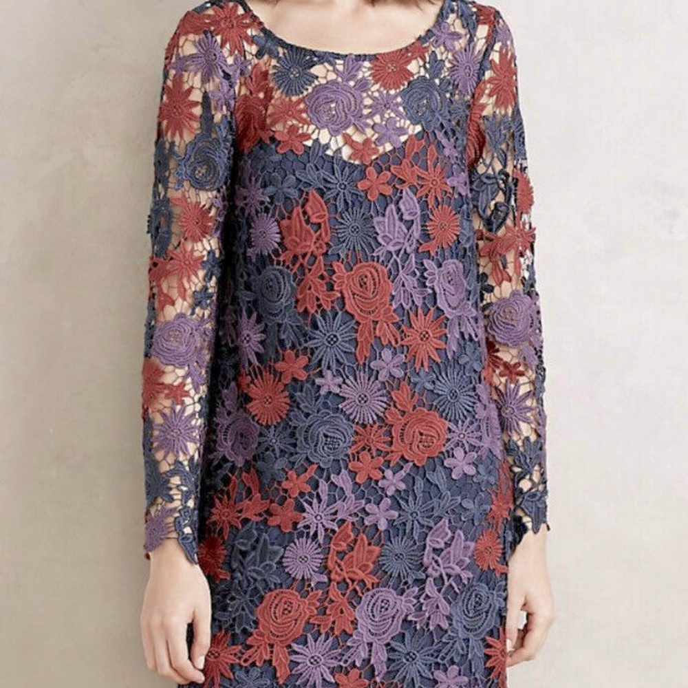 Anthropologie Dress Size 0 Moulinette Sours Lace Shift Harvest Blooms Purple Red